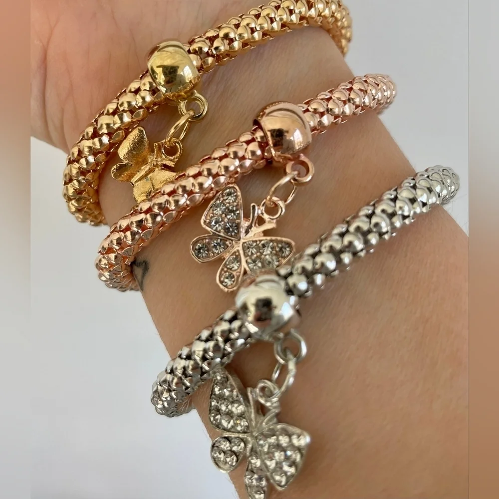 3 Pieces Butterfly Stackable Charm Bracelet Set